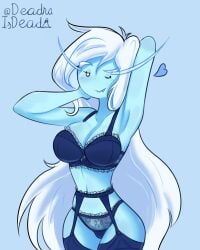 adventure_time blue_background blue_skin deadraisdead hand_on_cheek ice_queen_(adventure_time) lingerie smile smiling white_hair