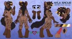 2025 animal_genitalia animal_penis animal_vulva anthro ass balls barbell_piercing blonde_highlights blue_background breasts brown_body brown_fur brown_hair brown_nipples brown_pawpads character_name color_swatch darkened_genitalia darkened_vulva digital_drawing_(artwork) digital_media_(artwork) digitigrade ear_barbell ear_piercing ear_ring female fur genitals gloves_(marking) green_eyes hair hi_res highlights_(coloring) hyena knot knotted_penis leg_markings mammal markings model_sheet ninathepun nipple_barbell nipple_piercing nipples nude nyla_(nylatheyeen) pawpads penis piercing pink_tongue pubic_tattoo ring_piercing signature simple_background socks_(marking) solo spots spotted_body spotted_fur spotted_hyena tattoo text tongue tongue_out