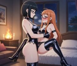 ai_generated bed bedroom bedroom_eyes black_hair blush brown_eyes cameltoe candles couch daughter fetish_wear fire glasses grinding grinding_on_leg incest leather leather_clothing looking_into_eyes mother mother_and_daughter night older_woman_and_teenage_girl orange_hair persona persona_(series) persona_5 purple_eyes sakura_futaba small_breasts spread_legs straddling straddling_leg sweat thighhighs tribadism vaginal_fluids wakaba_ishiki yuri