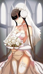 1girls asymmetrical_legwear big_breasts black_hair blue_eyes bride choker detached_sleeves elesa_(pokemon) elesa_(pokemon_bw2) female garter_straps gym_leader headphones human looking_at_viewer nintendo no_eyewear pokemon pokemon_bw2 solo vivivoovoo wedding_dress wedding_veil