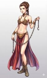 ai_generated belly_dancer belly_dancer_outfit boots braided_hair brown_eyes brown_hair chains cleavage dire7wolf95 enslaved_royal harem_girl harem_outfit loincloth long_hair medium_breasts princess_leia_organa slave slave_bikini slave_collar slave_girl slave_leia slave_outfit star_wars