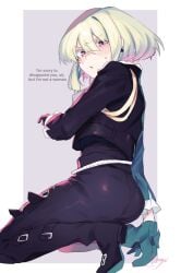 1boy androgynous ass ass_focus blush bob_cut clothed clothing dialogue embarrassed femboy femboy_only fully_clothed lio_fotia looking_at_viewer male male_only nervous petite petite_body petite_male promare questionable short_hair shy slim slim_male slim_waist solo suggestive text tight_clothing twink