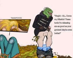 after_eating animal_humanoid blonde_hair bodily_fluids bottomwear bottomwear_down boyfriend/girlfriend buried buried_in_feces clothed clothing cum dialogue dominant dominant_male dorohedoro duo eating_feces ejaculation english_text enjoying excessive_feces feces feces_in_mouth female footwear forced genital_fluids genitals hair hi_res human humanoid hyper hyper_feces kaiman_(dorohedoro) male male/female mammal masturbation nikaido_(dorohedoro) pants pants_down partially_clothed penis reptile scalie scalie_humanoid scat shoes submissive submissive_female taunting text thegreatiron toilet_slave tongue tongue_out underwear