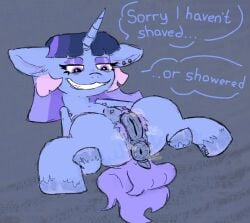 1girls 2026 anatomically_correct anatomically_correct_genitalia animal_genitalia animal_vulva anus armpit_hair blue_body blue_fur body_hair dock_(anatomy) ear_piercing english_text equid equine equine_anus equine_genitalia equine_vulva eye_bags eyelashes eyeshadow female feral fetlocks flawless_sparklemoon fur genitals hair hasbro hi_res holding_both_legs hooves horn horse lying makeup mammal multicolored_hair musk musk_cloud musky_butt musky_vulva my_little_pony mythological_creature mythological_equine mythology nipple_piercing nipples on_back piercing presenting presenting_anus presenting_vulva pubes smile solo speech_bubble spread_legs spreading tail talking_to_viewer tally_(artist) tamers12345's_my_little_pony teats text unicorn vulva