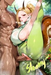 1boy aetera ai_generated armpit armpit_fetish asymmetrical_hair big_breasts big_penis blonde_female blonde_hair breasts brown_horn clothed_female_nude_male crotchless curvy_female elf_ears exercise female forehead green_clothing green_eyes horn huge_boobs huge_breasts irina_(the_witchs_fabulous_cracker_show) kneepits large_boobs large_breasts large_tits leg_over_head leg_up light_blush makeup muscular_male outside outside_sex plump ponytail presenting_armpit puckered_lips red_eyeshadow red_lips red_lipstick seductive sideboob sound_effects spots squirrel_tail standing_on_one_leg standing_sex standing_split steaming_body steamy stretching sweat sweatdrop sweaty_armpit the_witchs_fabulous_cracker_show vaginal_penetration wet_clothes yoga yoga_pants