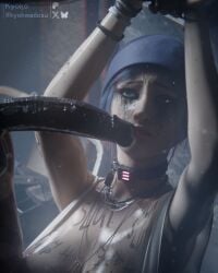 1boy 1girls 2026 3d areolae armpits beanie blue_hair body_writing breasts breasts_out chloe_price collar completely_nude detailed_background dubious_consent duo dyed_hair eyeshadow female hairless_armpits hands_tied hands_tied_above_head indoors interracial kyokwadesu life_is_strange locked_collar makeup makeup_running male medium_breasts necklace nipples penis_over_face rape ruined_makeup skin_tone_difference slave_collar straight