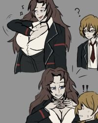 !! ? big_breasts breasts limbus_company musical_note object_between_breasts pocket project_moon rodion_(limbus_company) sinclair_(limbus_company) tongue_out tsutsunotsumi