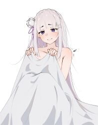1girls babywipes blanket blanket_grab blanket_only covering_breasts elf elf_ears elf_female emilia_(re:zero) exposed_shoulders naked naked_female nude nude_female on_bed purple_eyes re:zero_kara_hajimeru_isekai_seikatsu silver_hair solo submissive_female undressed white_background