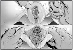 1other censored clitoris close-up clothing_aside commentary female greyscale heart heart_censor long_labia monochrome motion_lines original panties panties_aside pov pov_hands pussy pussy_focus pussy_juice pussy_juice_trail spread_pussy sweat underwear urethra warabite