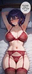 1girls ai_art ai_generated akuma_nihmune bed bedroom blush earrings garter_belt garter_straps indie_virtual_youtuber lingerie lingerie_bra lingerie_only milf pink_eyes purple_hair red_bra red_lingerie red_panties transparent_clothing virtual_youtuber vtuber