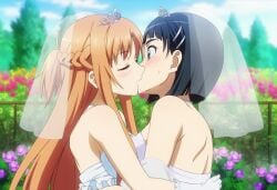 2girls ai ai-created ai_art ai_assisted ai_generated black_hair blush blush_lines blushing_female closed_eyes couple female/female female_only holding_each_other kirigaya_suguha kissing lesbian_couple lesbian_kiss lesbian_wedding light_brown_hair long_hair sword_art_online wedding wedding_day wedding_dress wholesome wholesome_couple wife_and_wife yuri yuri_wedding yuuki_asuna
