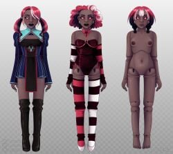 2026 almost_naked curly_hair digital_drawing_(artwork) digital_media_(artwork) doll doll_joints female female_only hazbin_hotel looking_at_viewer naked no_ai non-human standing suit velvette