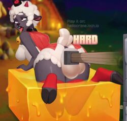 anthro bell black_body caprine cult_of_the_lamb ewe female female_only hooves lamb_(cult_of_the_lamb) lovelycraft minecraft minecraft_sheep_fucker_machine red_cape red_crown_(cult_of_the_lamb) sheep sheep_(minecraft) tagme video white_fur wool_(fur)