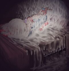 2026 absurd_res anthro antlers balls bed bedroom big_balls blue_hair bodily_fluids canid canine cuddling_plushie cum cum_everywhere deer detailed digital_media_(artwork) disproportionate_genitalia excessive_cum excessive_genital_fluids excessive_precum fur furniture genital_fluids genitals gmad green_tail habbie hair hi_res horn huge_balls hybrid hyper hyper_balls hyper_cum hyper_genitalia hyper_precum leaking_precum lying male mammal messy nude on_side penis pillow pink_body pink_fur plushie precum precum_everywhere precum_on_bed precum_on_ground precum_puddle precum_squirt purple_penis solo tail tan_body tan_fur wet_dream