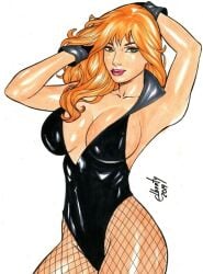 1girls 2010s 2019 arms_behind_head arms_up artist_signature big_breasts black_canary black_leotard blonde_hair cleavage dc dc_comics deviantart_link elberty_(artist) female fishnet_legwear fishnet_pantyhose fishnets gloves green_arrow_(series) green_eyes injustice_2 justice_league justice_league_unlimited leotard light-skinned_female light_skin looking_at_viewer no_ai pinup red_lipstick sideboob solo superheroine