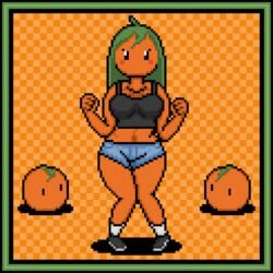 animated food_creature fruit green_hair orange_skin orangejuicemann pixel_art poppy_(orangejuicemann)