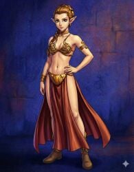 ai_generated belly_dancer belly_dancer_outfit boots brown_eyes brown_hair dire7wolf95 elf elf_female enslaved_royal harem_girl harem_outfit loincloth looking_at_viewer pointy_ears princess_leia_organa slave slave_bikini slave_collar slave_girl slave_leia slave_outfit star_wars