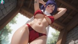 1girls abs ai_generated arms_up artist_name artist_signature blurry blush bra breasts cameltoe hi_res high_resolution highres in_another_world_with_my_smartphone isekai_wa_smartphone_to_tomo_ni. kurutai large_breasts long_hair looking_at_viewer matsuura_kanan navel outdoors panties ponytail purple_eyes purple_hair red_bra smile solo standing subscribestar subscribestar_username toned tsubaki_(isekai_wa_smartphone_to_tomo_ni) uncensored underwear