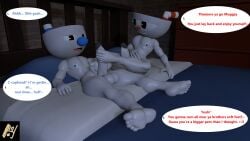 16:9 3d_(artwork) 4k 5_toes absurd_res aldenyates anthro anthro_on_anthro balls barefoot bed bed_covers bed_sheet bedding bedding_background bedroom bedroom_eyes bedroom_sex cuphead_(character) cuphead_(game) digital_media_(artwork) feet foot_fetish foot_focus foot_play footjob furniture gay genitals happy hi_res humanoid humanoid_feet humanoid_genitalia humanoid_hands humanoid_penis incest_(lore) looking_at_another looking_down looking_pleasured male_foot_fetish male_only mugman narrowed_eyes penis plantigrade seductive sex sibling_(lore) sibling_incest sibling_lust sibling_romance source_filmmaker_(artwork) toes widescreen
