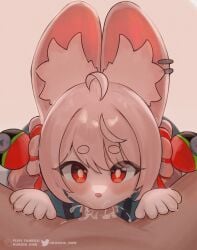 1boy absurdres ahoge animal_ear_fluff animal_ear_piercing animal_ears blue_shirt cub cum cum_in_mouth cum_overflow fanbox_logo fanbox_username fellatio female furry furry_female furry_with_non-furry highres interspecies kurohi_drw looking_at_viewer male oral penis pink_hair pov pov_crotch rabbit_ears rabbit_girl red_eyes shirt solo_focus straight thick_eyebrows twitter_logo twitter_username uncensored zenless_zone_zero zhao_(zenless_zone_zero)