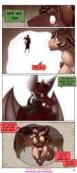 aamon_(james_howard) absurd_res anal anthro bat big_dom_small_sub comic demon dialogue dominant group gynomorph hi_res intersex intersex/male james_howard male mammal patreon size_difference size_play stomach_bulge subscribestar tina_(james_howard) trio vore