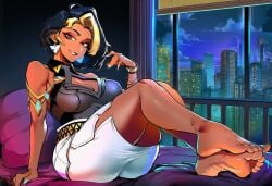 1female 1futa ai_generated ass big_ass big_breasts blizzard_entertainment boob_window breasts brown_legs brown_skin dark-skinned_female dark_skin dark_skinned_female domina feet feet_focus feet_rub feet_together female female_focus female_only foot_fetish futa futa_cock futa_milf futa_mommy indian indian_female leafyviolet legs mature mature_body mature_figure mature_futa milf mommy overwatch shoulders sitting_on_bed soles solo thick thick_ass thick_thighs thighs tight_skirt two-tone_hair vaira_singhania voluptuous voluptuous_futanari wide_hips