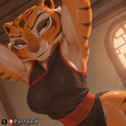 1girls ai_generated anthro armpit armpit_fetish armpits arms_up female furry furry_female furry_only high_quality high_resolution highres kung_fu_panda master_tigress medium_breasts panzglard sweat tiger tiger_girl tiger_print tigress