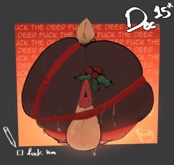 anthro anus ass backsack balls bent_over bodily_fluids brown_body butt_shot christmas deer english_text genitals hi_res holidays male mammal mistletoe mistletoe_on_tail plant profanity solo sweat tail text woomi_e wrapped_up wrappings