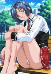 1girls academy_uniform_(bible_black) accurate_art_style ai_generated arm_support ass ass_bigger_than_head ass_support barefoot bench bible_black big_breasts blue_hair blue_sky blush bottom_heavy breasts can city_background clothing drink feet_out_of_frame female female_focus female_only flirting flirting_with_viewer fully_clothed green_eyes hi_res high_resolution highres holding_object legs_together long_hair looking_at_viewer murai_ayumi necktie outdoors panties pantyshot pantyshot_(sitting) park parted_bangs pinup pleated_skirt public_exposure public_indecency retro_artstyle road school_uniform schoolgirl seducing seducing_viewer shiny_skin sitting sitting_on_bench skirt smile soda soda_can solo solo_focus suspenders teasing teasing_viewer teen teenage_female teenager thick_ass thighs underwear vest visible_panties