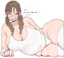 1girls big_breasts blush braided_hair braided_twintails braids breasts brown_hair chubby chubby_female english_text eyewear feet_out_of_frame female female_only glasses large_breasts laying_down laying_on_side leotard long_hair looking_at_viewer lying_down lying_on_side ohasi open_mouth original original_character paid_reward_available plump steam steaming_body sweat sweatdrop text thick_thighs thighhighs