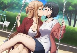 2girls ai_generated bangs bare_legs black_hair blunt_bangs blush bob_cut bopitphy breasts brown_hair cleavage closed_eyes couple day duo dutch_angle female/female female_only friends jewelry kirigaya_suguha kissing legs legs_together light_brown_hair long_hair love medium_breasts multiple_females multiple_girls mutual_yuri neck necklace outdoors park romantic romantic_couple short_hair sitting_on_swing swing sword_art_online thighs yuri yuuki_asuna