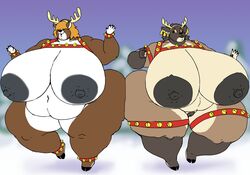 anthro areola beatrix_(vdisco) bell belly big_belly big_breasts breasts brown_body brown_fur capreoline cervid cervine curvy_figure duo ear_piercing elk fake_horns female fur grey_areola grey_nipples hair_over_eyes hi_res huge_breasts hyper hyper_breasts mammal nipples nude obese obese_anthro obese_female overweight overweight_anthro overweight_female piercing pubes rave_(vdisco) thick_thighs vdisco voluptuous white-tailed_deer wide_hips