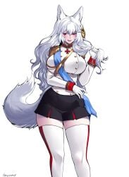 absurdres alpha_1918 artist_name blush breasts cowboy_shot cross curly_hair fangs female fox_ears fox_girl gloves hair_ornament hand_up highres holding_hair large_breasts long_sleeves looking_at_viewer miniskirt non-web_source open_mouth original red_eyes ribbon skirt solo tail tesomu thighhighs tongue white_background white_hair white_legwear white_tail zettai_ryouiki