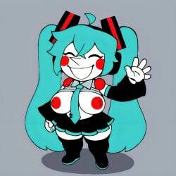 5_fingers :d addison_(deltarune) ai_generated alternate_universe arm_sleeves armwear big_breasts black_armwear black_miniskirt black_thigh_boots blue_tie blush_stickers breasts_out closed_eyes clothed crossover curvy deltarune eyelashes female female_only flashing flashing_breasts gray_background grey_shirt hairclips hatsune_miku headphones joints long_hair miniskirt no_bra pale pixai pointy_nose puppet red_areola red_blush red_nipples shadow shirt_up shortstack simple_background sleeveless_shirt solo teal_hair teal_nail_polish teal_nails thick_thighs thigh_boots tie twintails undertale_(series) vocaloid waving_at_viewer white_skin