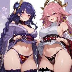 2female 2girls ai_assisted ai_generated batman batman_(cosplay) batman_(series) breasts crossover dc dc_comics flashing flashing_panties genshin_impact hair_ornament kimono kimono_lift kimono_pull lifting looking_at_viewer panties pink_ears pink_hair purple_eyes purple_hair raiden_shogun sexy soaked superman superman_(cosplay) superman_(series) superman_logo themed_clothes thick_thighs thighs thong tongue tongue_out wet wet_panties white_outfit yae_miko yokai