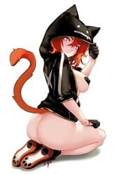 animal_ears ass black_gloves black_heart_pasties black_pasties blush breasts cat_ears cat_hood hoodie orange_hair orange_tail pasties redhead shoes source_request x_eyes