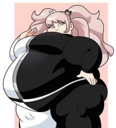 1girls artist_request big_belly big_breasts black_and_white blonde_hair danganronpa danganronpa:_trigger_happy_havoc female female_only junko_enoshima morbidly_obese morbidly_obese_female solo solo_female tagme