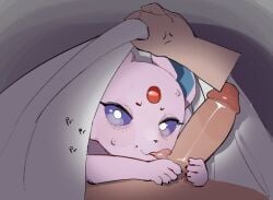 angry black_nose blush bodily_fluids duo eeveelution erection espeon eyebrows feral fingers first_person_view forehead_gem fur gem generation_2_pokemon genitals glans human human_pov humanoid_genitalia humanoid_penis licking looking_at_viewer male male_pov mammal nintendo oral paws penile penis penis_lick pink_body pink_fur pokemon pokemon_(species) purple_sclera sex skeleton265 sweat tongue white_eyes