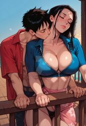 ai_generated big_breasts black_hair black_panties busty couple curvy curvy_body curvy_female curvy_figure deviantart female full_lips hourglass_figure huge_breasts huge_thighs kissing lover male male/female mature_female milf monkey_d_luffy muscular muscular_male nico_robin one_piece perfect_body smile thick_thighs wide_hips