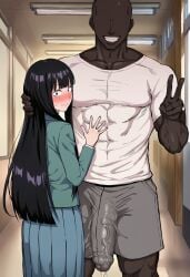 1boy abs ai_generated bald black_hair blazer blue_skirt blunt_bangs blush bulge closed_mouth covered_abs cuckold dark-skinned_male dark_skin erection erection_under_clothes faceless faceless_male female green_jacket grin hand_on_another's_head height_difference huge_cock indoors interracial jacket kuronuma_sawako long_hair long_sleeves looking_at_viewer manly muscular muscular_male netorare nose_blush penis pleated_skirt precum school_uniform shirt shorts skirt smile straight t-shirt v veins veiny_penis very_dark_skin white_shirt zeulzin