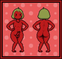 animated apple_(fruit) femboy food_creature gif green_hair male male_only nude nude_male orangejuicemann penis pixel_art red_skin short_hair solo solo_focus solo_male tagme thick_ass