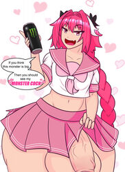 1boy astolfo_(fate) balls bedroom_eyes fate_(series) femboy huge_ass huge_balls huge_cock looking_at_viewer male male_only monster_energy open_mouth penis pink_eyes pink_hair school_uniform smug solo space-mom testicles thick_thighs trap wide_hips