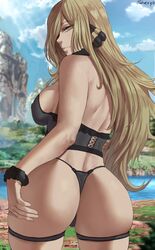 1girls arrogant ass ass_focus big_ass black_thong blonde_hair champion cynthia_(pokemon) female female_focus female_only grabbing_own_ass hair_ornament high_heels highres human long_hair looking_at_viewer looking_back mature mature_female nintendo outdoors panties pokemon pokemon_champion pokemon_dppt shexyo solo tagme thigh_strap thong video_game_character video_game_franchise yellow_eyes