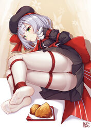 apron arms_behind_back bangs blunt_bangs blush bondage bound bow braid crotch_rope dress employee_uniform fast_food_uniform feet female food fried_chicken full_body genshin_impact green_eyes grey_hair hat highres kfc legs looking_at_viewer lying maid no_shoes noelle_(genshin_impact) noelle_(kfc)_(genshin_impact) pantyhose red_bow soles tied_up toes uniform white_legwear yiduan_zhu