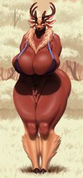 anthro antlers big_breasts big_butt bottomless bra breasts capreoline cervid cleavage curvy_figure female glowing glowing_eyes gwen_(spiritfarer) horns huge_breasts hyper_bimbo looking_at_viewer mammal multi_ear outside patacon reindeer smile solo spiritfarer thick_legs thick_thighs underwear voluptuous