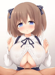 1boy 1girls blue_eyes blush breasts brown_hair collared_shirt commentary_request covered_nipples eyebrows_visible_through_hair female highres large_breasts large_penis light-skinned_female light-skinned_male light_skin long_sleeves looking_at_viewer open_mouth original paizuri paizuri_under_clothes penis pubic_hair see-through shirt skirt straight suspender_skirt suspenders white_shirt yumezakura_(yuu_yumezakura)