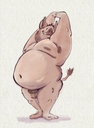 2021 anthro belly furry genitals goodie_holly male mammal moobs navel nipples overweight overweight_male penis pubic_hair small_penis solo stretching suid suina sus_(pig) testicles wild_boar