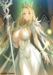 1girls afk_arena belinda_(afk_arena) big_breasts blonde_hair blush breasts cleavage cloak crown detached_sleeves dress earrings female female_only fingers green_eyes jewelry large_breasts long_hair looking_at_viewer nail_polish official_art pop_kyun solo solo_female staff