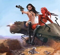 black_boots black_hair breasts chains collar desert dia_(infamousvolpe) facial_tattoo fishnets gun horns long_boots long_hair medium_breasts navel nipples purple_eyes realistic red_lips red_skin skimpy sorsha speeder_bike star_wars straps tattoo tents twi'lek unimun weapon zabrak