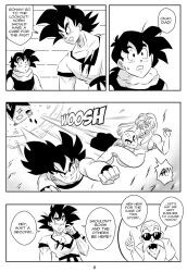 1girls 4boys big_breasts black_and_white breasts carrying_partner comic dragon_ball dragon_ball_super dragon_ball_z flying funsexydragonball goggles goggles_on_head krillin kuririn maron master_roshi monochrome page_5 son_gohan son_goku sunglasses swimsuit